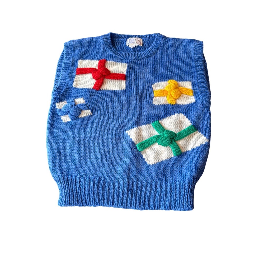 Windcrest Sweater Vest Blue Christmas Gift Box Hand Knit 100% Acrylic Small